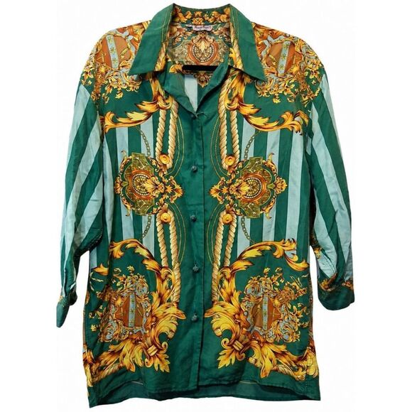 renato nucci Tops - Vintage renato nucci womens medium 100% silk blouse equestrian green whimsical